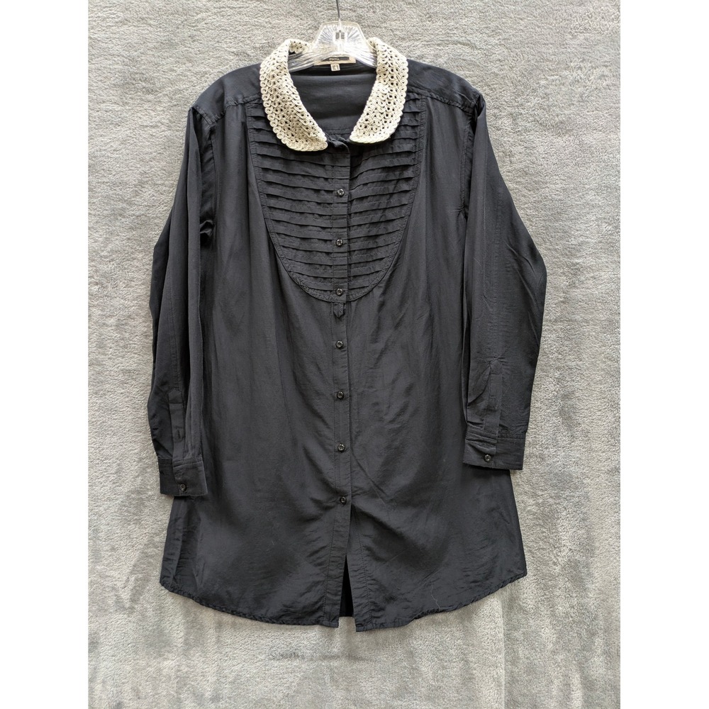 Dark Academia Crochet Collar Pintuck Button Down Tunic‎ Shirt Womens 6 Black